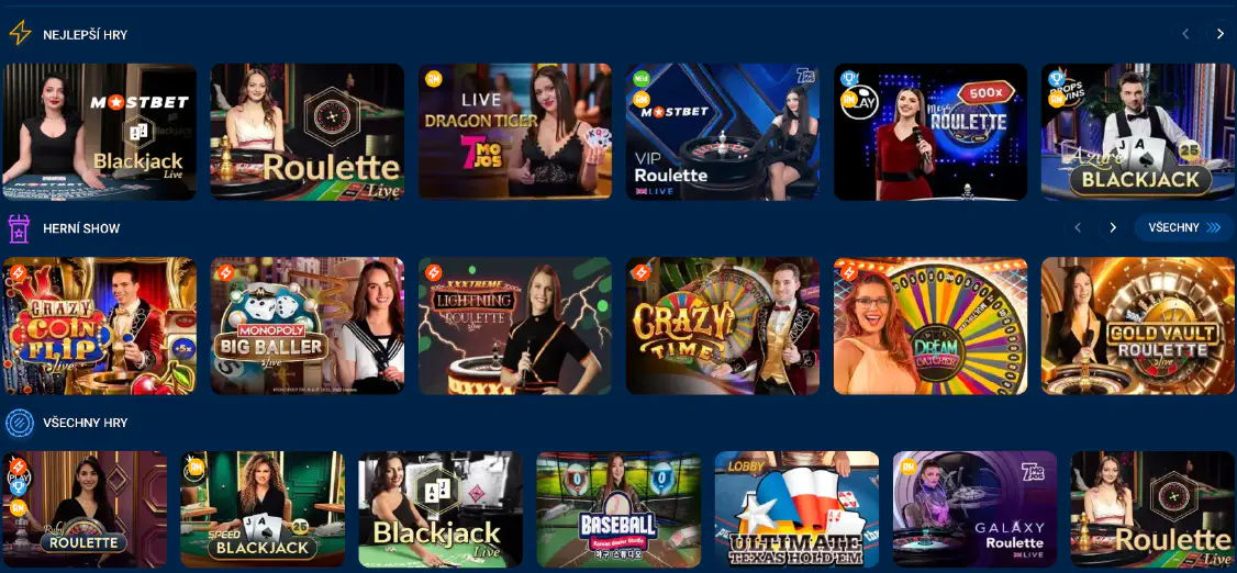 Stolní Hry a Live Kasino Mostbet